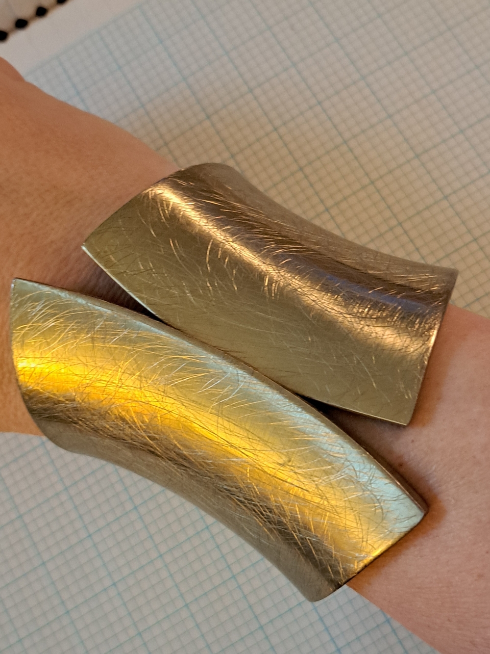 Metallic Crosshatched Gold Curved Wide Hinged Bangle Bracelet